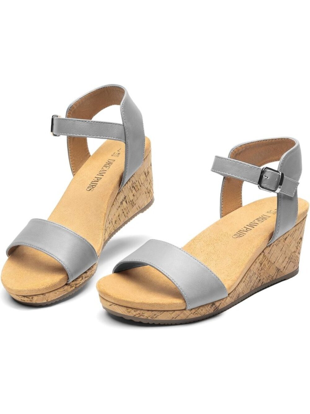Women's Wedge Sandals Cork Grey Open Toe Ankle Strap Buckle Dressy Summer Shoes